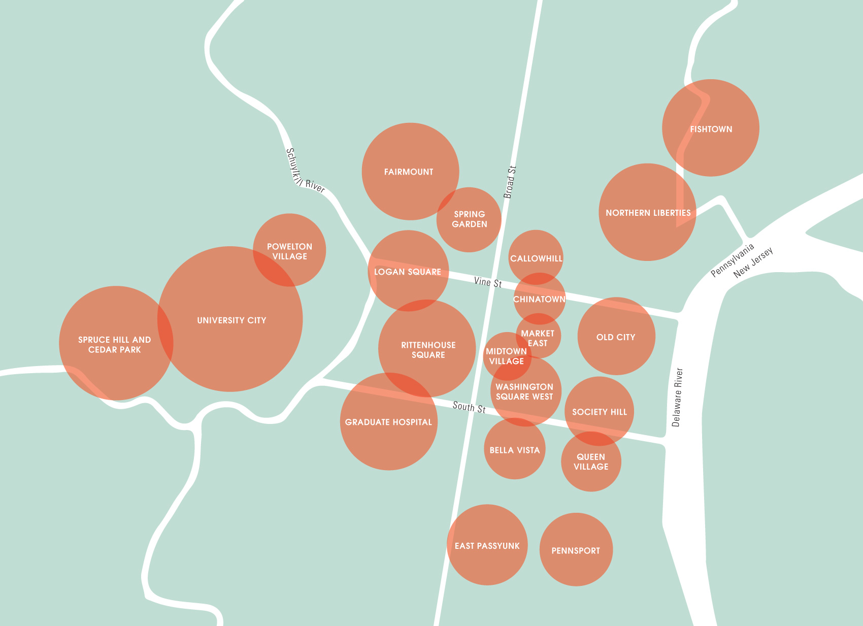 A map of Philadelphia's common places and attractions