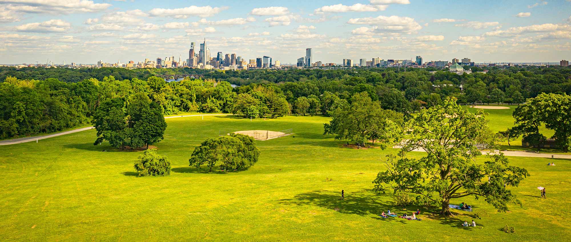 Panoramic backdrop landscape photograph view of a park and the city